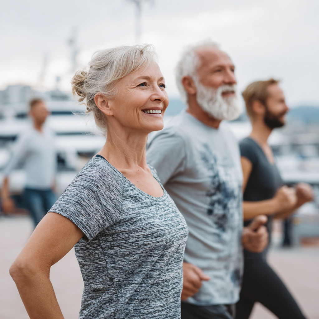 Smiling middle-aged Ukrainian woman in athletic wear stretching outdoors in a park, demonstrating natural movement and flexibility