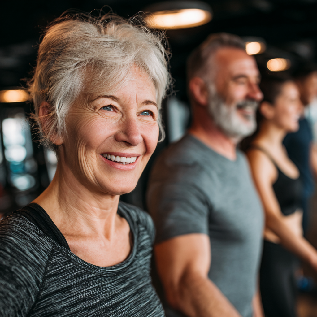 Diverse group of Ukrainian adults of different ages doing gentle strength exercises together in a bright fitness studio, showing community and gradual progress